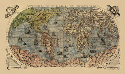 Carte du Monde Old World, 1565 par Ferando Bertelli - Ancien Tableau mural Atlas - Terra Incognita, Cherubs, Australis