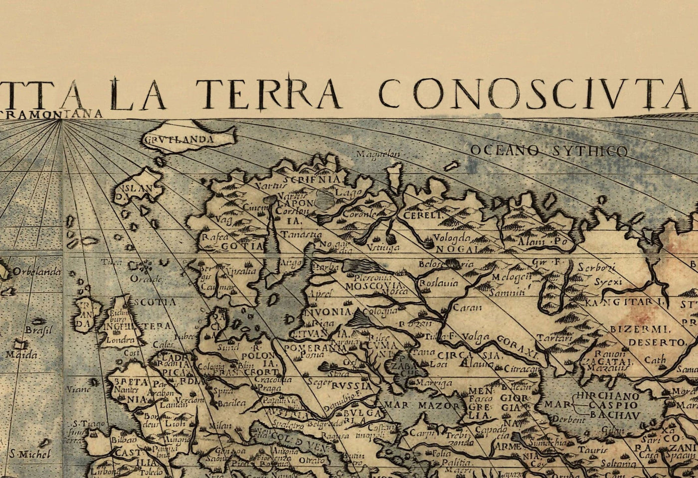 Mapa del Viejo Mundo, 1565 de Ferando Bertelli - Tabla de pared Atlas antigua - Terra Incognita, Querubs, Australis