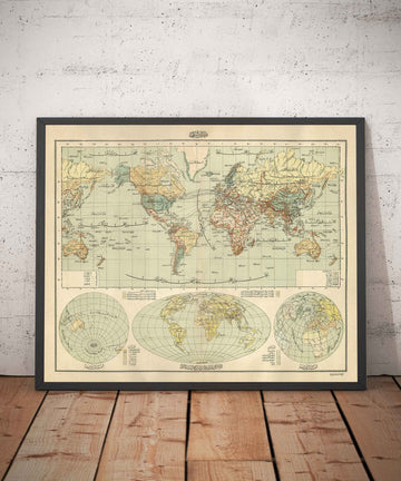 Antica mappa araba del mondo di Hafiz Ali Esref nel 1893 - America, Gran Bretagna, Australia, Arabia, Marocco 