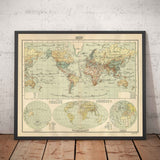 Old Arabic Map of the World by Hafiz Ali Esref in 1893 - America, Great Britain, Australia, Arabia, Morroco