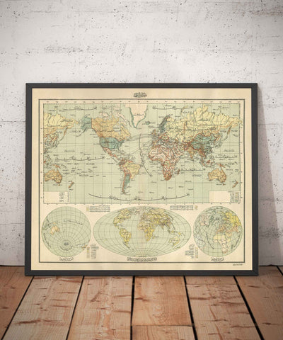Antiguo mapa árabe del mundo realizado por Hafiz Ali Esref en 1893 - América, Gran Bretaña, Australia, Arabia, Marruecos