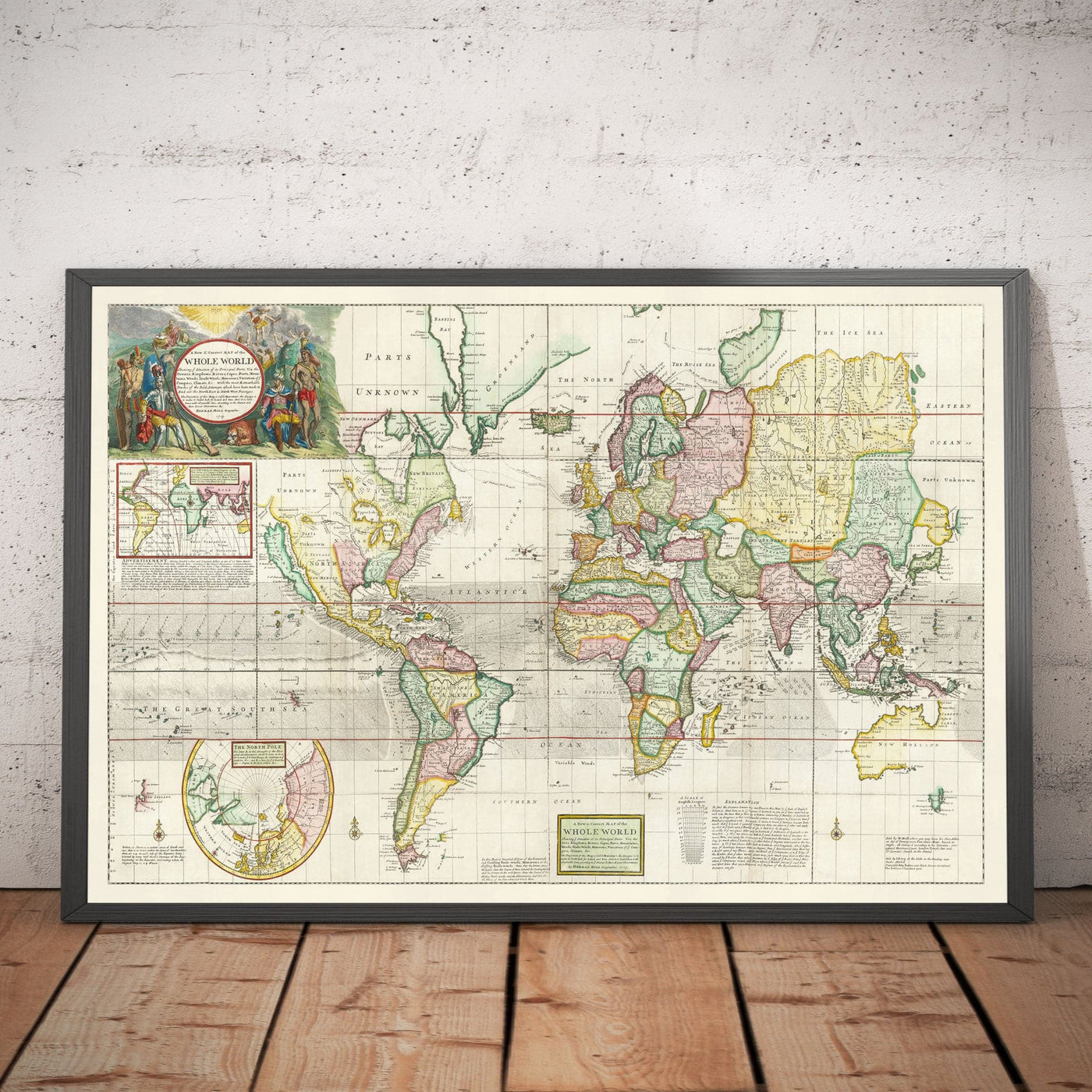 Carte mondiale ancienne à partir de 1719 par Herman Moll - Grand tableau Atlas Colonial & Exploration