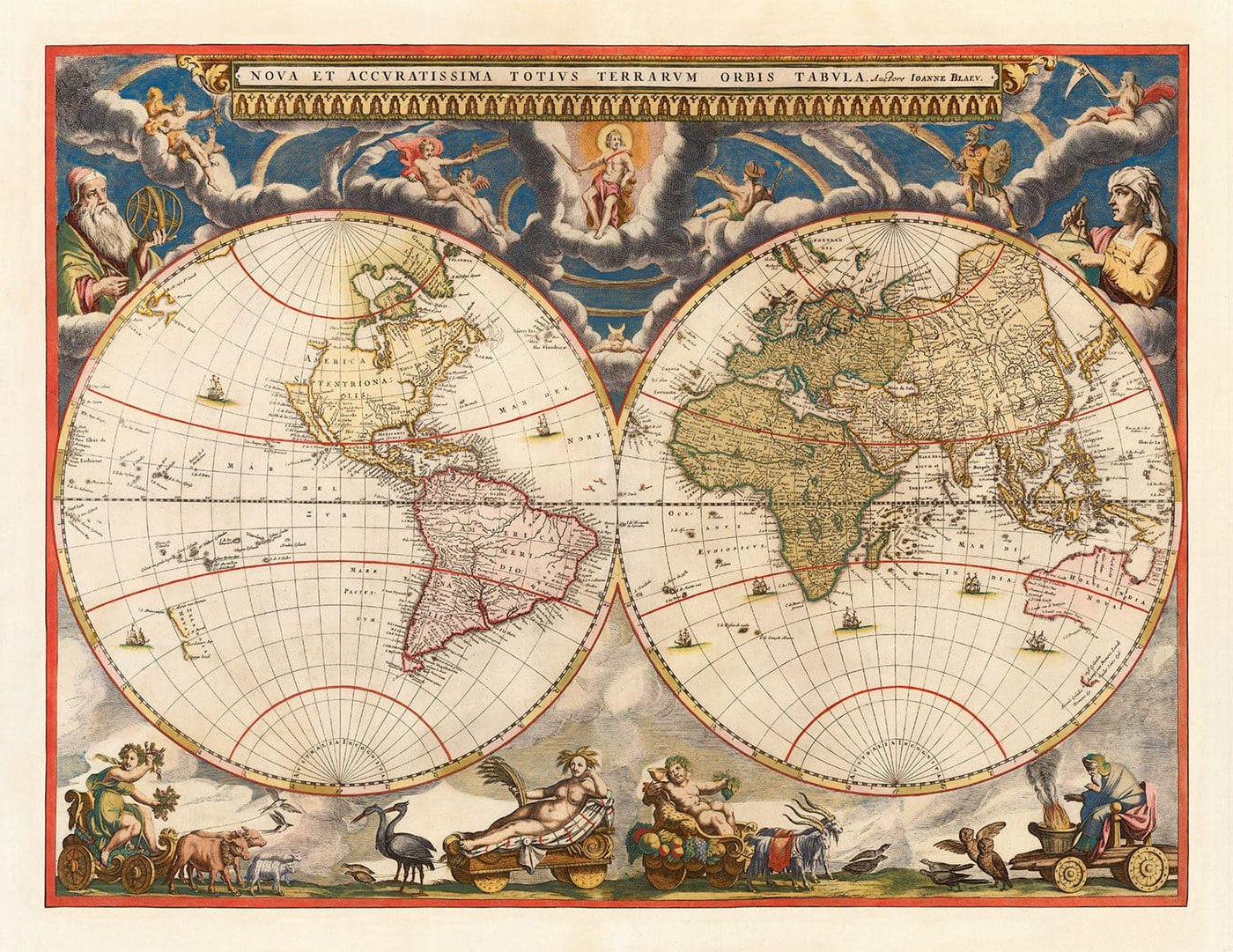 Alte Weltatlas-Karte, 1662 von Joan Blaeu - Seltene handfarbene Vintage-Wandkunst