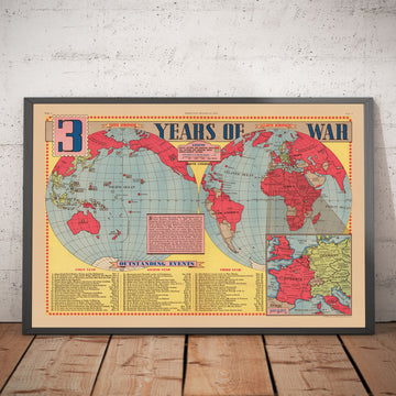 Ancienne carte de la Seconde Guerre mondiale, 1945 - "3 ans de guerre" par Edwin Sundberg - Alliés contre Axe - Participation des États-Unis à la Seconde Guerre mondiale