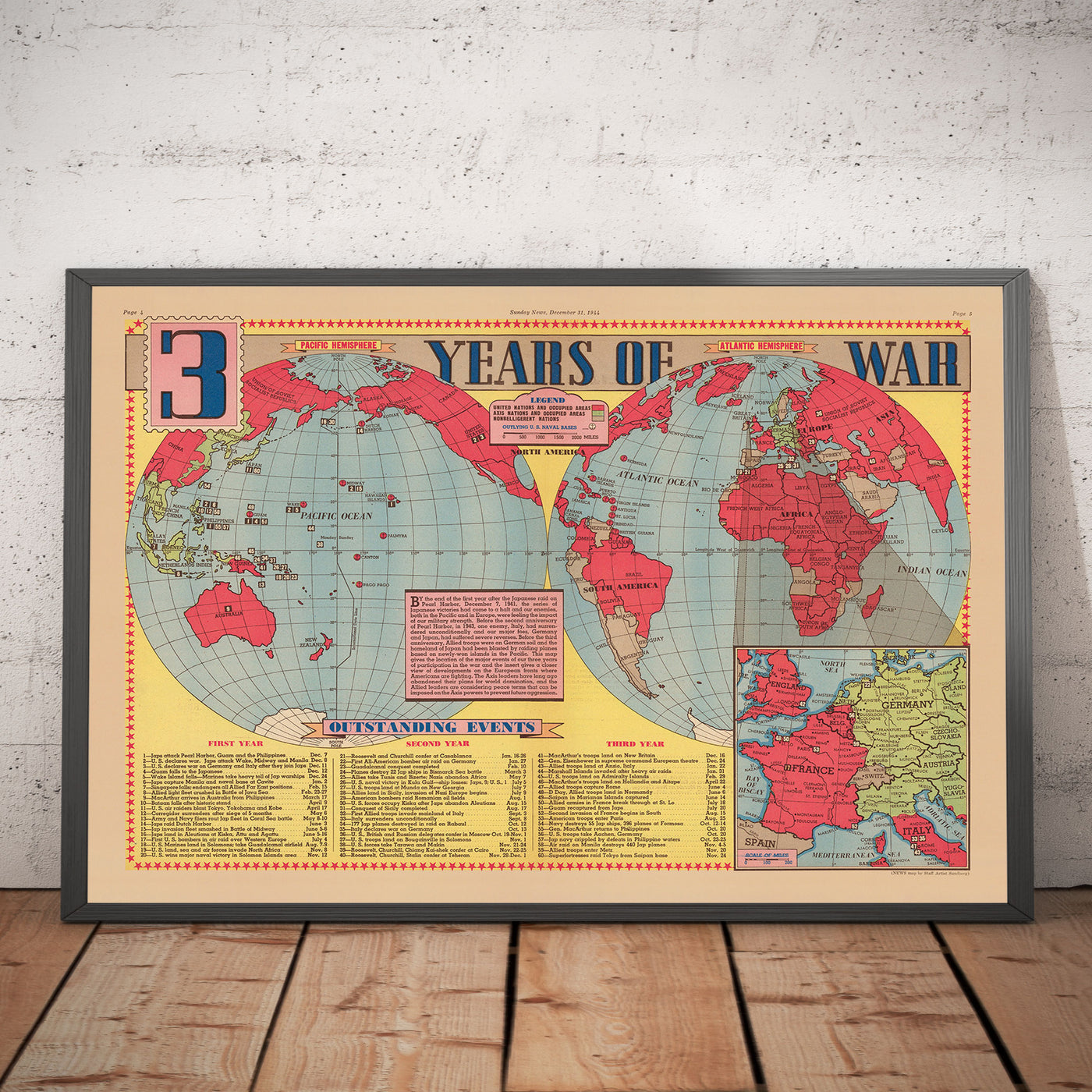 Alte Karte des 2. Weltkriegs, 1945 - "3 Years of War" von Edwin Sundberg - Alliierte gegen Achsenmächte - Die Beteiligung der USA am 2.