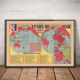 Antiguo mapa de la Segunda Guerra Mundial, 1945 - "3 años de guerra" de Edwin Sundberg - Aliados contra el Eje - Participación de EE.UU. en la Segunda Guerra Mundial