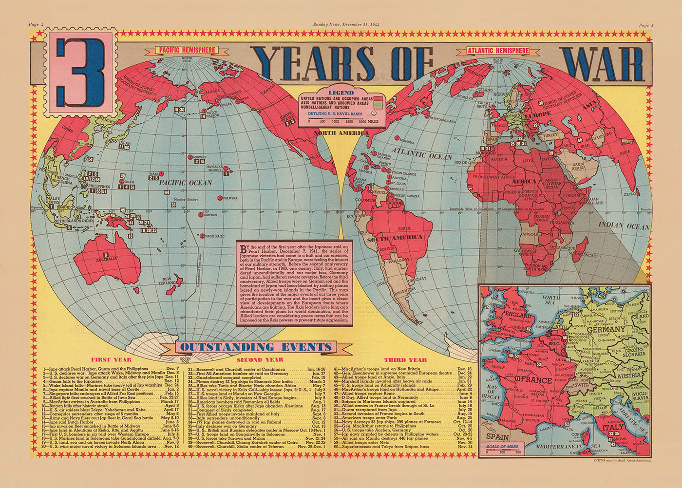 Alte Karte des 2. Weltkriegs, 1945 - "3 Years of War" von Edwin Sundberg - Alliierte gegen Achsenmächte - Die Beteiligung der USA am 2.