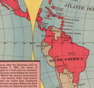 Ancienne carte de la Seconde Guerre mondiale, 1945 - "3 ans de guerre" par Edwin Sundberg - Alliés contre Axe - Participation des États-Unis à la Seconde Guerre mondiale