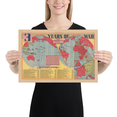 Ancienne carte de la Seconde Guerre mondiale, 1945 - "3 ans de guerre" par Edwin Sundberg - Alliés contre Axe - Participation des États-Unis à la Seconde Guerre mondiale