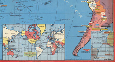 Alte Weltkriegs-Karte des Pazifiks und des Fernen Ostens im Jahr 1942 von Stanley Turner - "Datierte Ereignisse" Japan, USA, Großbritannien, Pazifik, UdSSR
