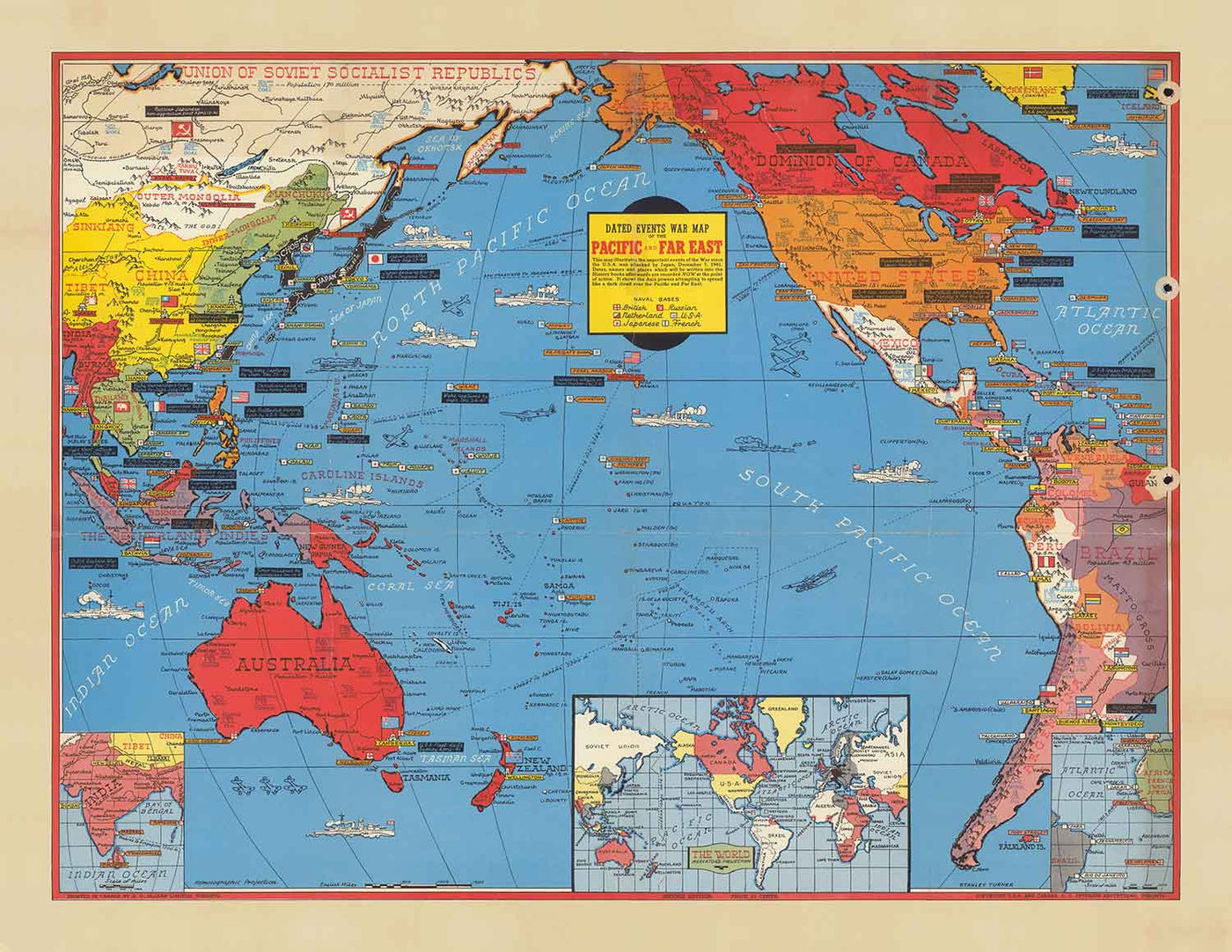 Ancienne carte de la Seconde Guerre mondiale du Pacifique et de l'Extrême-Orient en 1942 par Stanley Turner - "Dated Events" Japon, USA, Grande-Bretagne, Pacifique, URSS