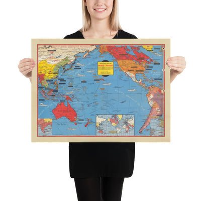 Alte Weltkriegs-Karte des Pazifiks und des Fernen Ostens im Jahr 1942 von Stanley Turner - "Datierte Ereignisse" Japan, USA, Großbritannien, Pazifik, UdSSR