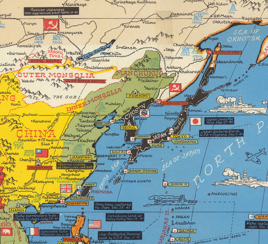Antiguo mapa de la Segunda Guerra Mundial del Pacífico y el Lejano Oriente en 1942 por Stanley Turner - "Eventos fechados" Japón, EE.UU., Gran Bretaña, Pacífico, URSS