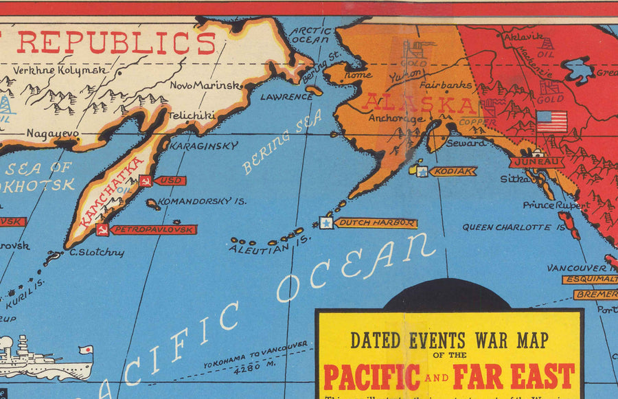Antiguo mapa de la Segunda Guerra Mundial del Pacífico y el Lejano Oriente en 1942 por Stanley Turner - "Eventos fechados" Japón, EE.UU., Gran Bretaña, Pacífico, URSS