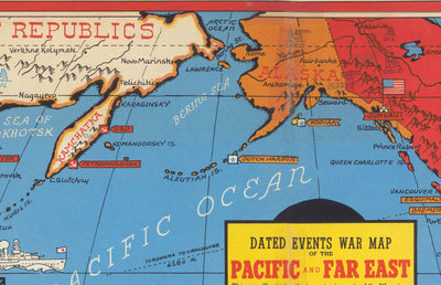 Ancienne carte de la Seconde Guerre mondiale du Pacifique et de l'Extrême-Orient en 1942 par Stanley Turner - "Dated Events" Japon, USA, Grande-Bretagne, Pacifique, URSS