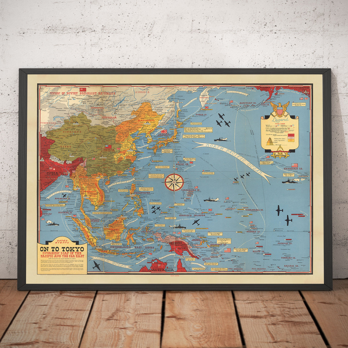 Antiguo mapa de la Segunda Guerra Mundial del Pacífico y Tokio en 1942 por Stanley Turner - "Eventos fechados" Invasión de Japón y el Lejano Oriente
