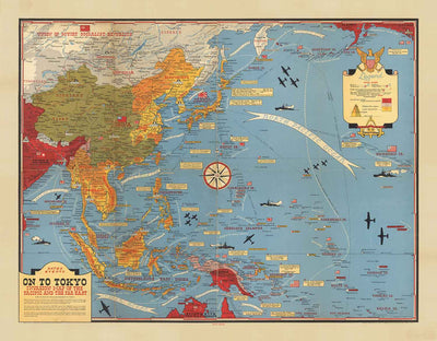 Antiguo mapa de la Segunda Guerra Mundial del Pacífico y Tokio en 1942 por Stanley Turner - "Eventos fechados" Invasión de Japón y el Lejano Oriente