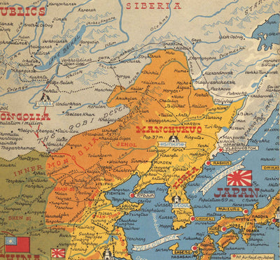 Old World War 2 Map of the Pacific and Tokyo in 1942 by Stanley Turner - "Dated Events" Invasion of Japan and the Far East