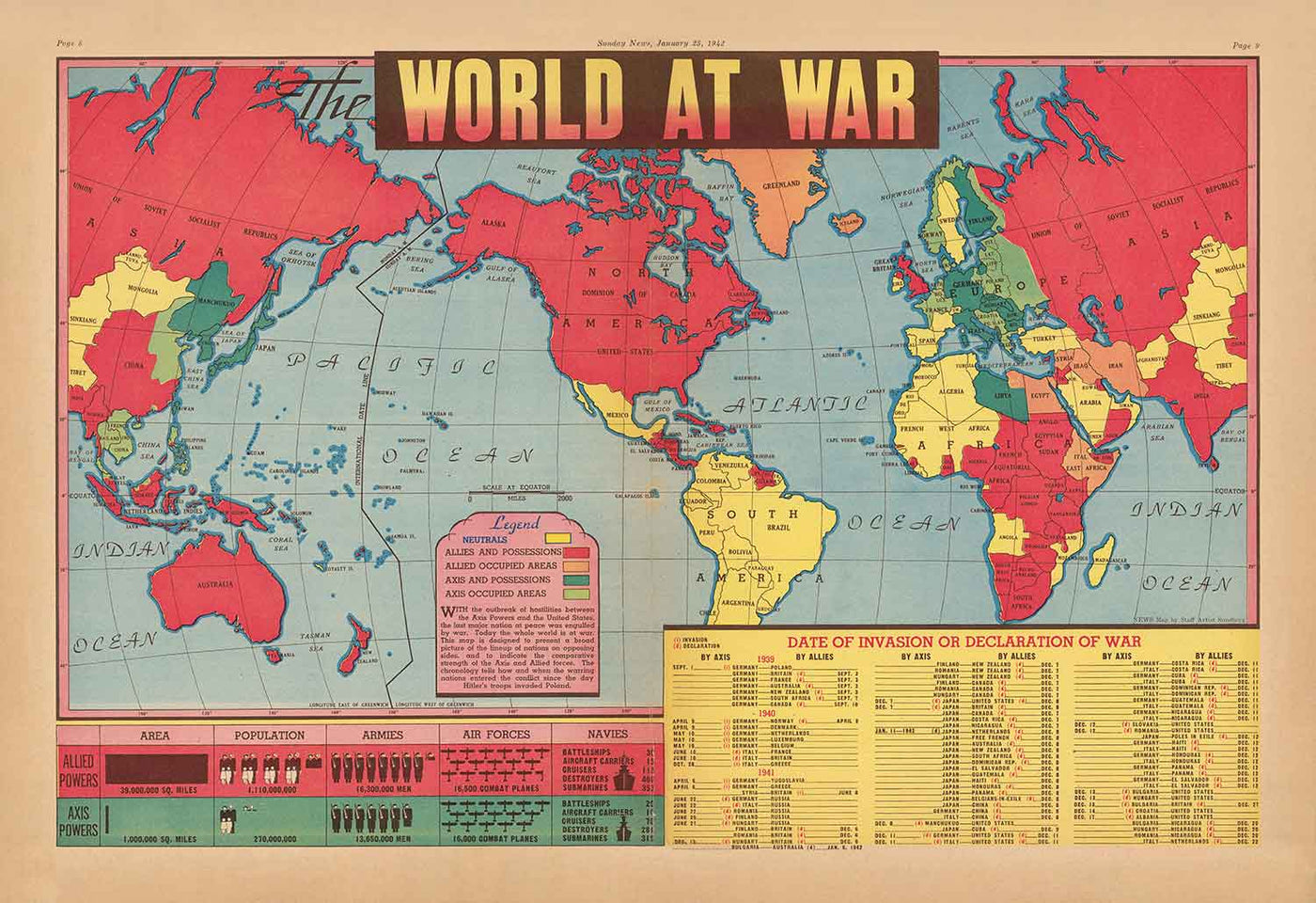 Alte Karte des 2. Weltkriegs, 1942 - "World at War" von Edwin Sundberg - Eintritt der USA in den Krieg - Alliierte gegen Achsenmächte