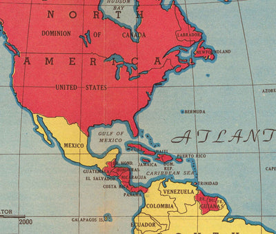 Antiguo mapa de la Segunda Guerra Mundial, 1942 - "El mundo en guerra" de Edwin Sundberg - Estados Unidos entra en la guerra - Aliados contra tropas del Eje