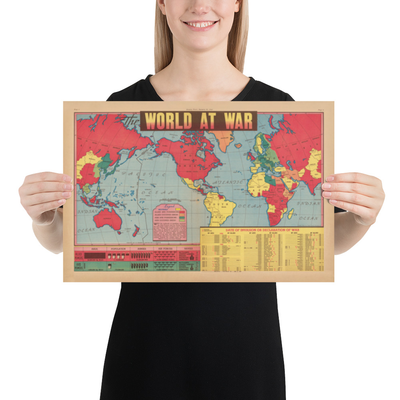 Antiguo mapa de la Segunda Guerra Mundial, 1942 - "El mundo en guerra" de Edwin Sundberg - Estados Unidos entra en la guerra - Aliados contra tropas del Eje