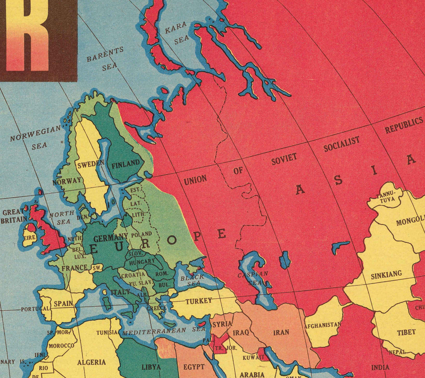 Ancienne carte de la Seconde Guerre mondiale, 1942 - "World at War" par Edwin Sundberg - Les États-Unis entrent en guerre - Alliés contre troupes de l'Axe