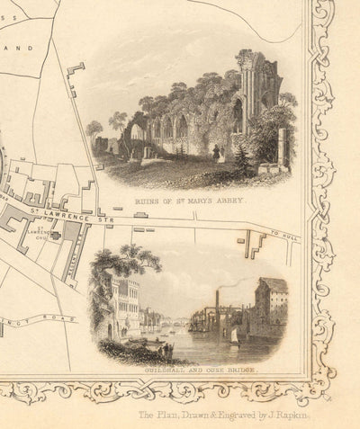 Ancienne carte de York en 1851 par Tallis & Rapkin - Centre-ville Tableau, Cathédrale de York Minster, River Etats-Unis