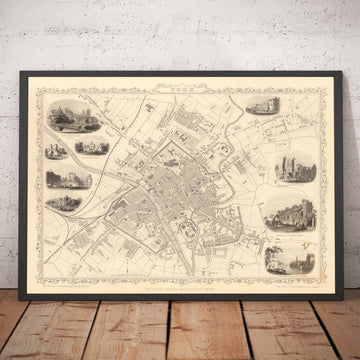 Old Map of York in 1851 by Tallis & Rapkin - City Centre Chart, York Minster Cathedral, River Ouse
