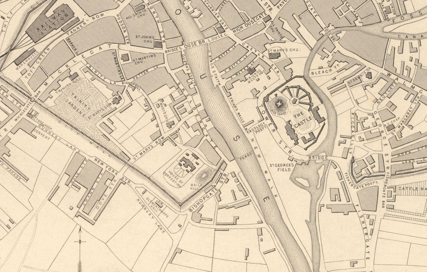 Old Map of York en 1851 por Tallis & Rapkin - City Center Chart, York Minster Cathedral, Río Ouse