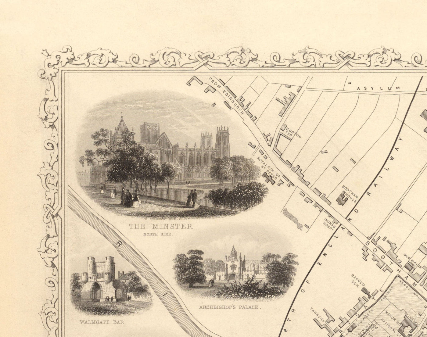 Old Map of York en 1851 por Tallis & Rapkin - City Center Chart, York Minster Cathedral, Río Ouse