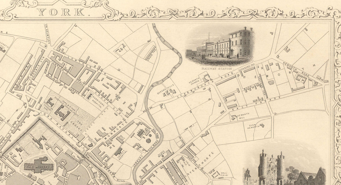 Alte Karte von York 1851 von Tallis & Rapkin - Stadtzentrum Chart, York Minster Cathedral, River Ouse