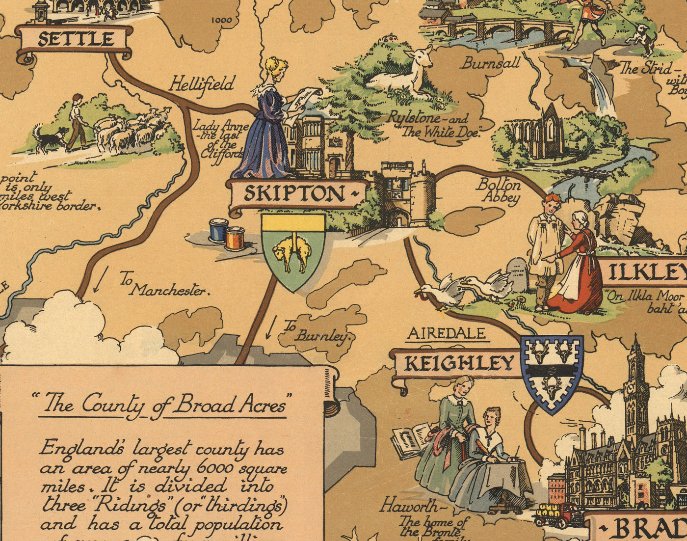Old Map of Yorkshire, 1949-British Railway Pictorial Chart-York, Sheffield, Bradford, Leeds, Middlesbrough, Pennines