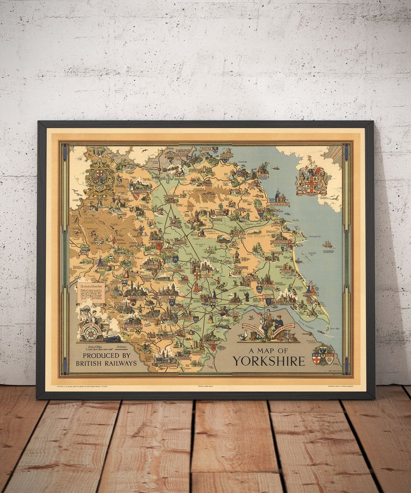 Alte Karte von Yorkshire, 1949 - Britische Eisenbahn-Bildekarte - York, Sheffield, Bradford, Leeds, Middlesbrough, Pennines