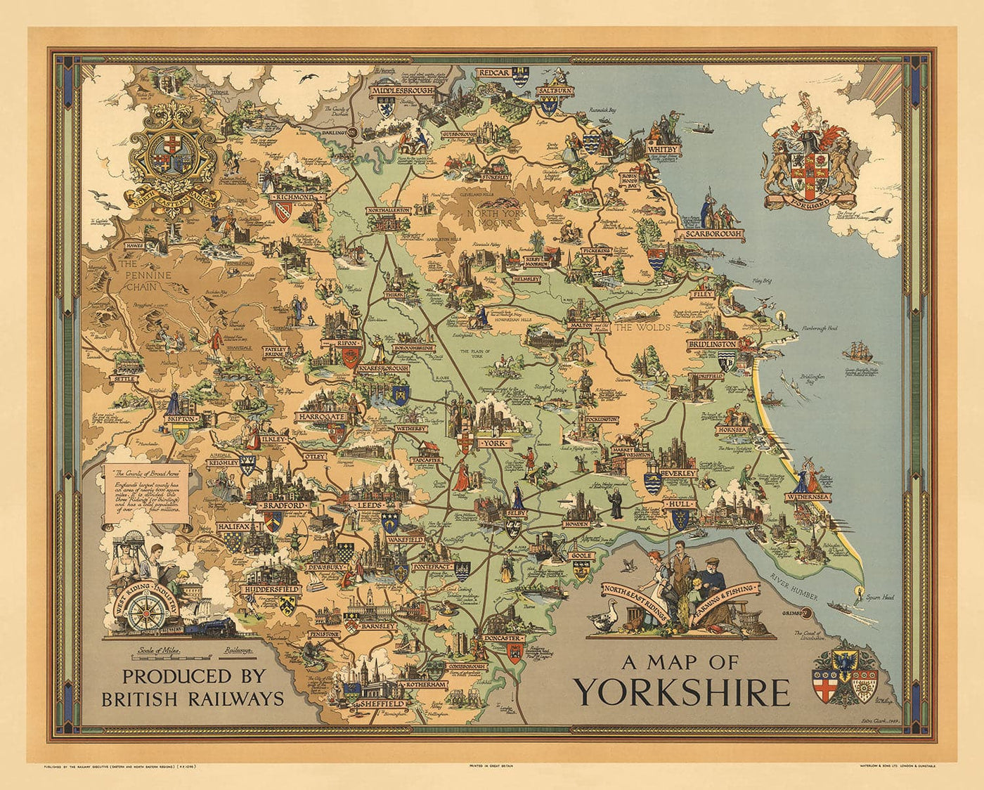 Mapa antiguo de Yorkshire, 1949 - Gráfico pictórico ferroviario británico - York, Sheffield, Bradford, Leeds, Middlesbrough, Pennines