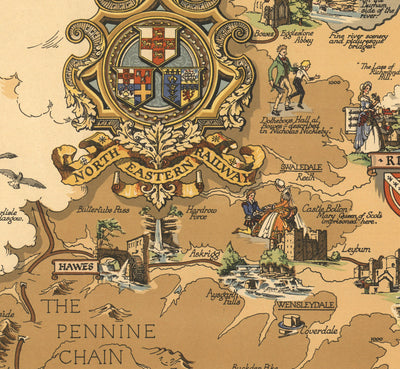 Mapa antiguo de Yorkshire, 1949 - Gráfico pictórico ferroviario británico - York, Sheffield, Bradford, Leeds, Middlesbrough, Pennines