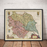 Alte Karte von Yorkshire im Jahr 1654 von Joan Blaeu - York, Bradford, Sheffield, Leeds, Middlesbrough, Harrogate 