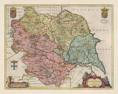 Vieille carte de Yorkshire en 1654 par Joan Blaeu - York, Bradford, Sheffield, Leeds, Middlesbrough, Harrogate