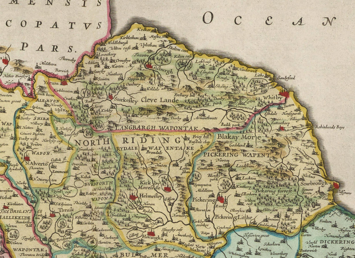 Alte Karte von Yorkshire im Jahre 1654 von Joan Blaeu - York, Bradford, Sheffield, Leeds, Middlesbrough, Harrogate
