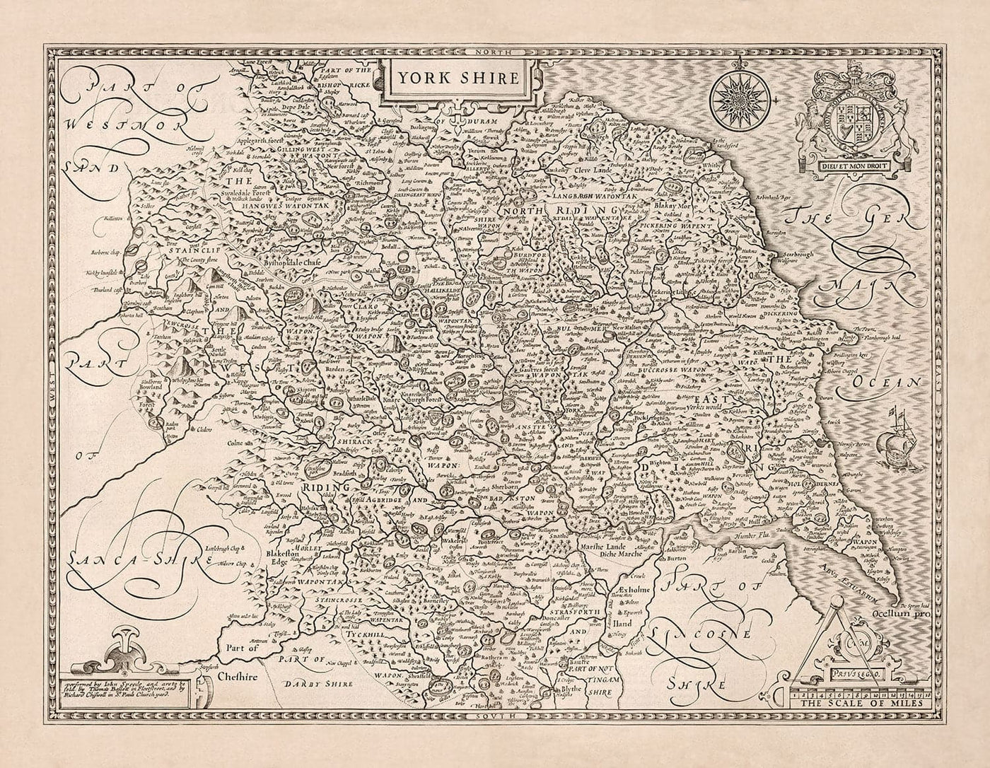 Mapa antiguo de Yorkshire, 1611, John Speed ​​- Hull, York, Middlesbrough, Sheffield, Leeds
