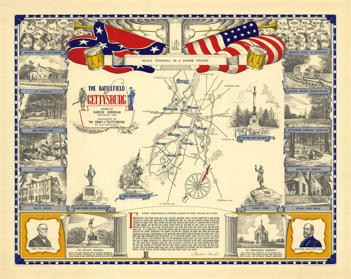 Alte Karte der Schlacht von Gettysburg im Jahr 1953 von Barclay Rubincam - Bürgerkrieg - Konföderation vs. Union Gedenktafel