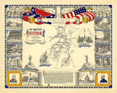 Ancienne carte de la bataille de Gettysburg en 1953 par Barclay Rubincam - Guerre civile - Carte commémorative des Confédérés et de l'Union