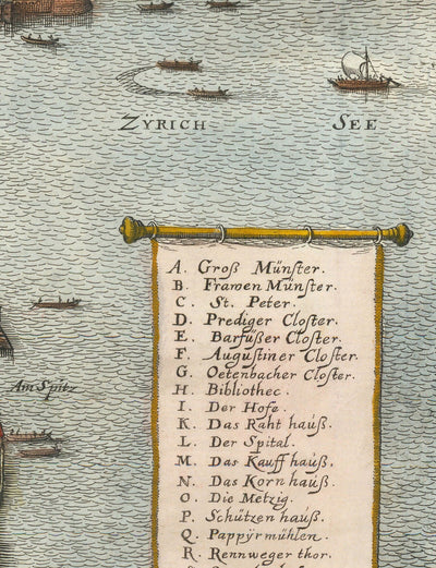 Alte Karte von Zürich, Schweiz 1638 von Matthaus Merian - Lake Zürich, Limmat River, Kanäle, Schlossmauern, Wappen