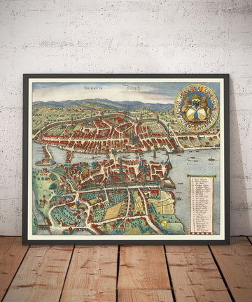 Alte Karte von Zürich, Schweiz 1638 von Matthaus Merian - Zürichsee, Limmat, Kanäle, Stadtmauern, Wappen 